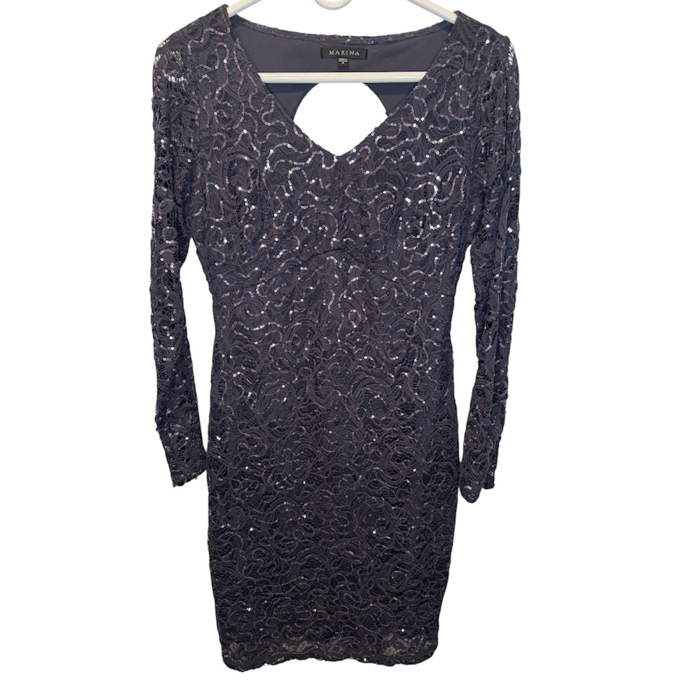 Marina Womens Grey Lace Sequin Long Sleeve Keyhole Back Cocktail Dress Size 4